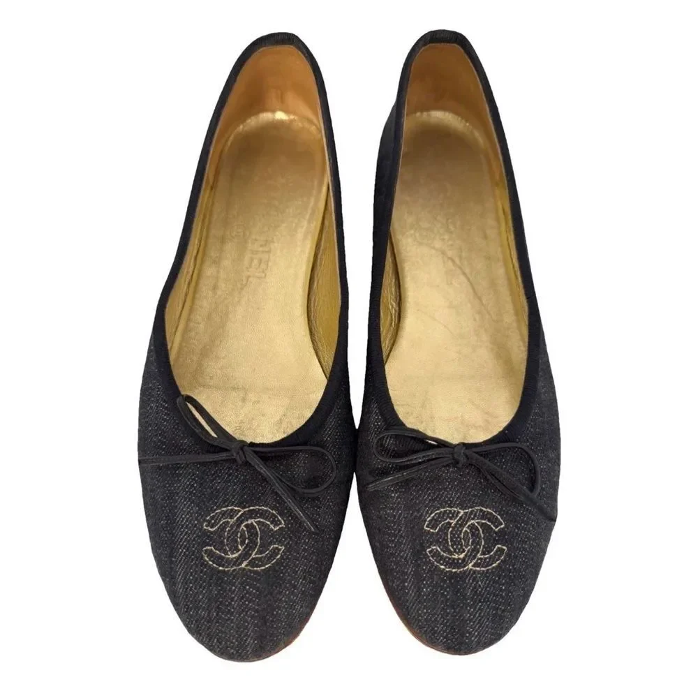 Chanel Denim CC Classic Ballet Flats Dark Blue EU 38 US 8 Vintage Women’s Shoes - Picture 1 of 9